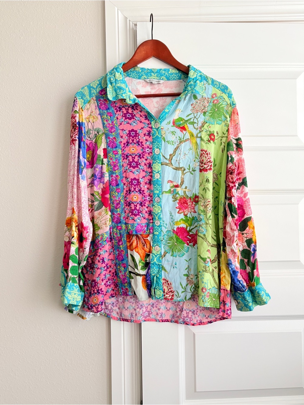 John Mark 1X Floral Patchwork Shirt Boho Maximalist Artsy whimsical button down